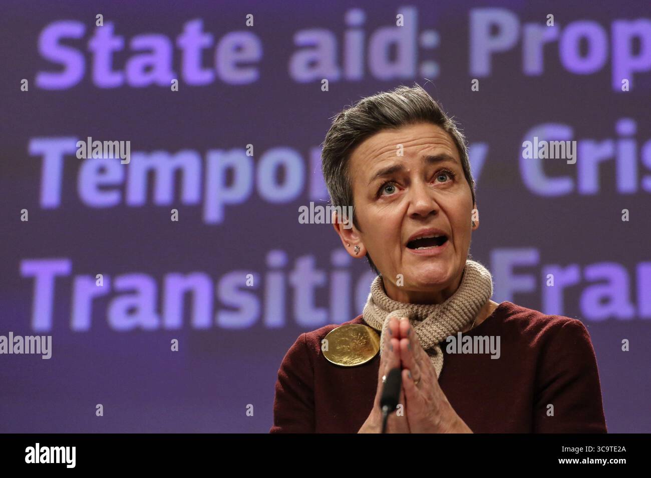 1° febbraio 2023, Bruxelles, regione di Bruxelles-capitale, Belgio: Il vicepresidente esecutivo e Commissario europeo per la concorrenza Margrethe Vestager tiene una conferenza stampa sulla proposta di un quadro temporaneo di crisi e transizione in materia di aiuti di Stato presso la sede della Commissione europea a Bruxelles, Belgio, il 1° febbraio 2023. (Immagine di credito: © Valeria Mongelli/ZUMA Press Wire) Foto Stock