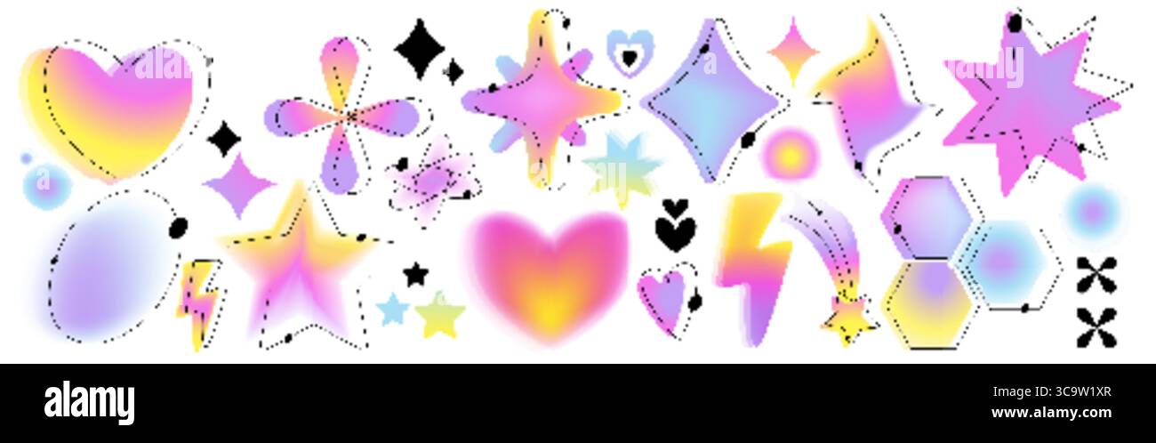 Forme gradiente Y2K con cuori, stelle ed elementi astratti. Design retrò futuristico con scintille, esagoni e fulmini per un'estetica digitale nostalgica o grafica alla moda. Illustrazione Vettoriale