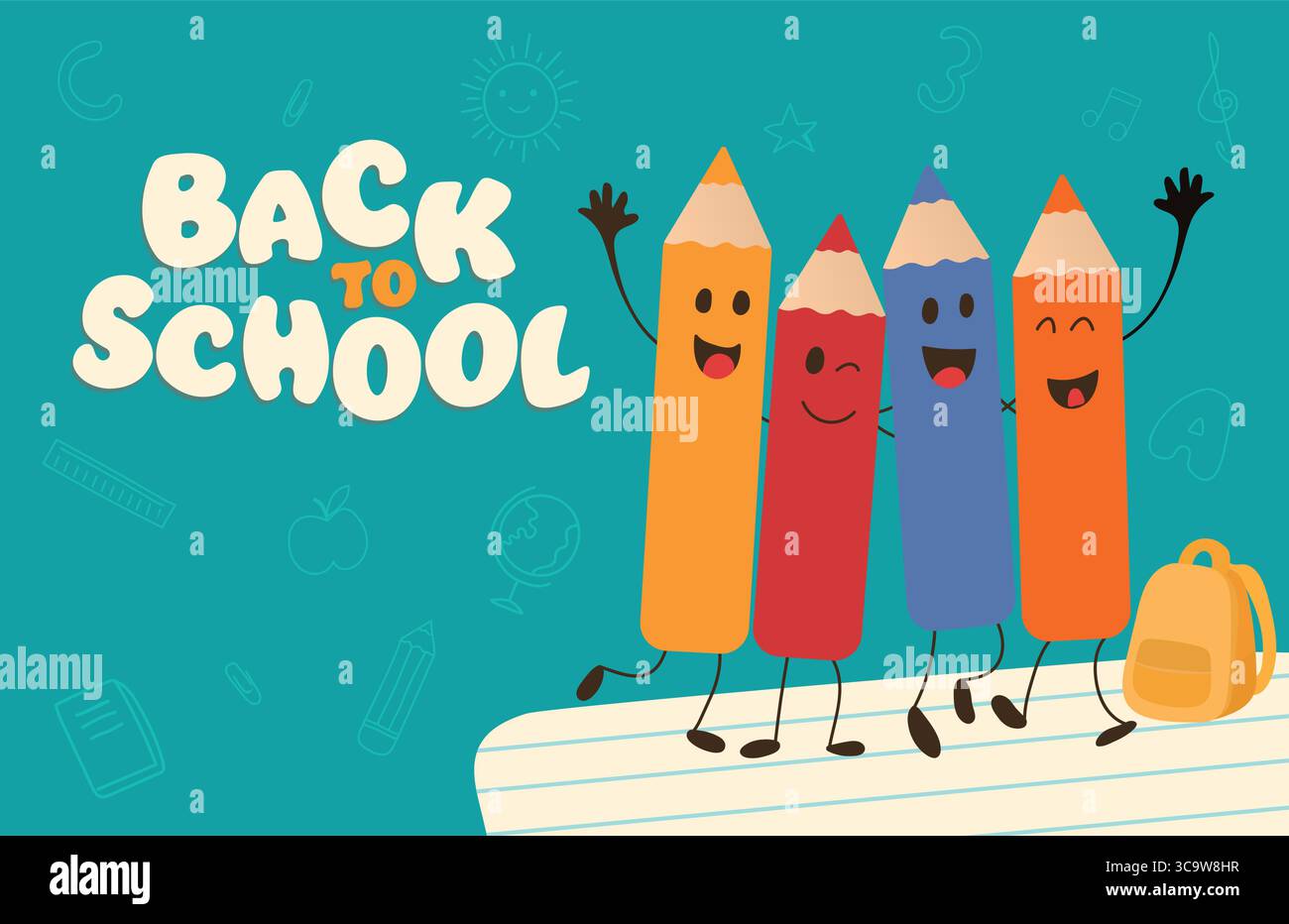 Torna a scuola con felici matite a cartoni animati che celebrano l'apprendimento il primo giorno di scuola Illustrazione Vettoriale