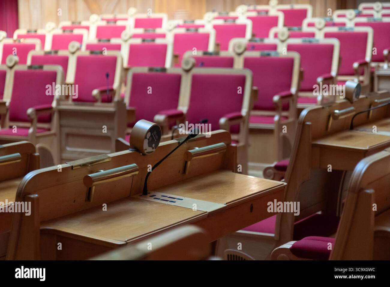olm, Svezia - 10 luglio 2025: Primo piano dettagliato di sedie in legno nella sala riunioni del Parlamento svedese, artigianato, design e atmosfera storica Foto Stock