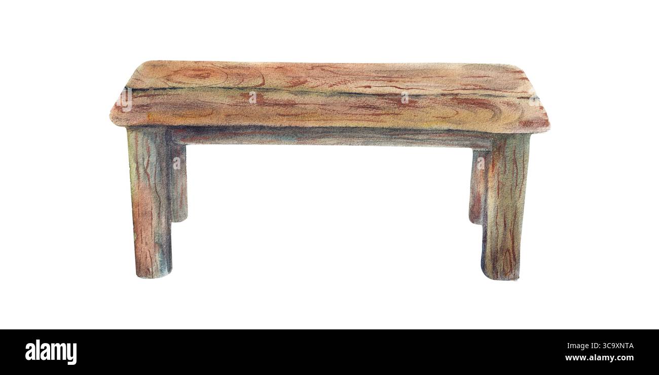 Grande tavolo rustico in legno con ripiano marrone testurizzato. Interni, esterni, mele e mobili da giardino. Illustrazione acquerello bianco isolato per i Foto Stock