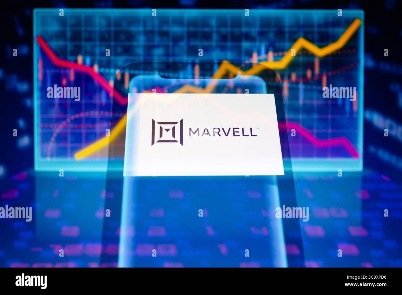 3 marzo 2023, Asuncion, Paraguay: Una vista del logo Marvell Technology, Inc. (NASDAQ: MRVL) viene visualizzata su uno smartphone con sfondo da una rappresentazione visiva di stock e grafici di linee. (Immagine di credito: © Andre M. Chang/ZUMA Press Wire) Foto Stock