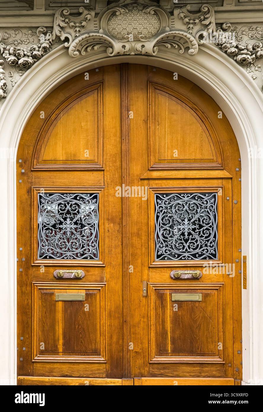 Eleganti doppie porte in legno con intricati lavori in metallo e elementi decorativi Foto Stock