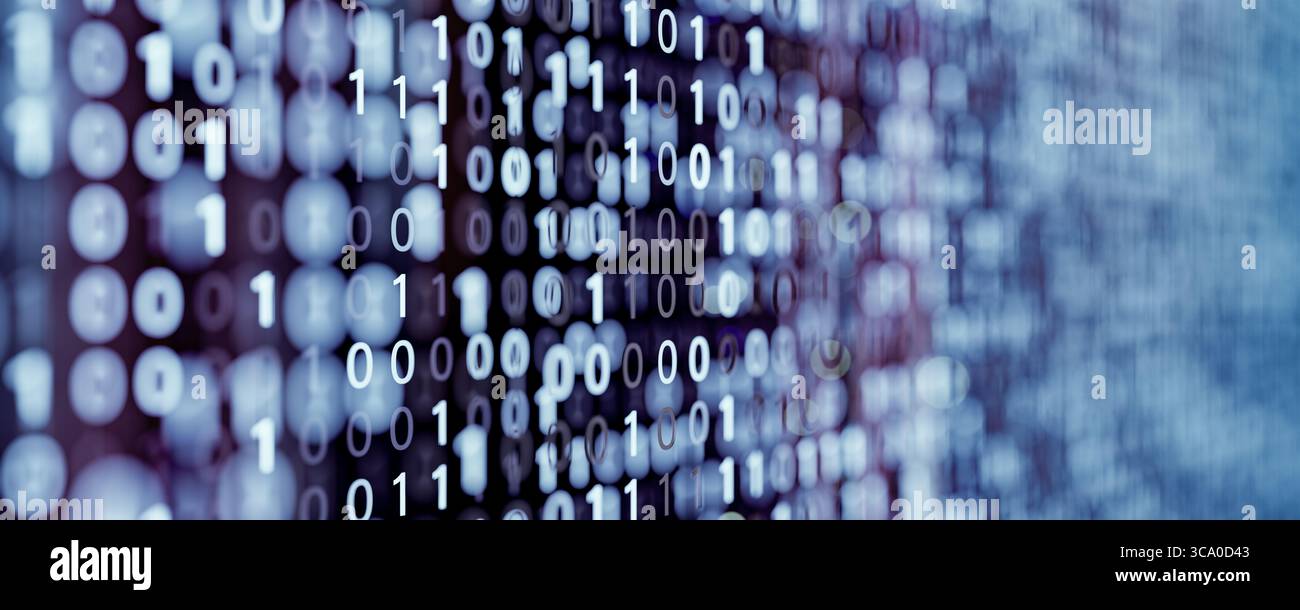 Numeri binari sfocati in righe, visualizzazione di informazioni codificate, crittografia, sviluppo software, soluzioni cloud, privacy dei dati, intelligenza artificiale Foto Stock