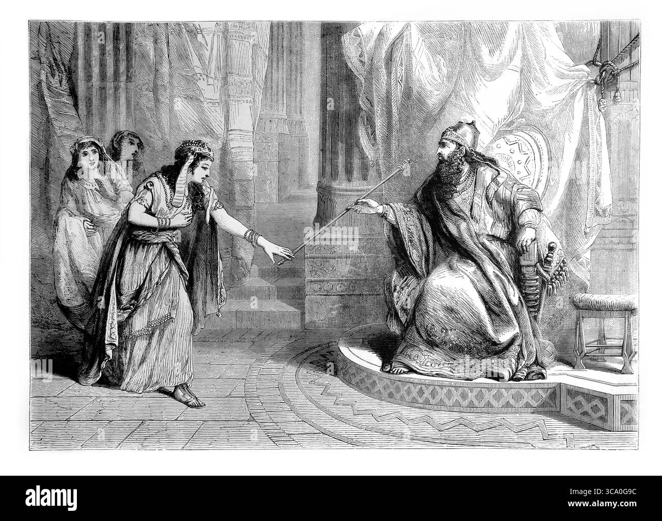 La regina Esther prima di re Ahasuerus Esther Kneels prima di re Ahasuerus che poi tenne fuori lo scettro d'oro a mostrare che non doveva essere Punishe Foto Stock