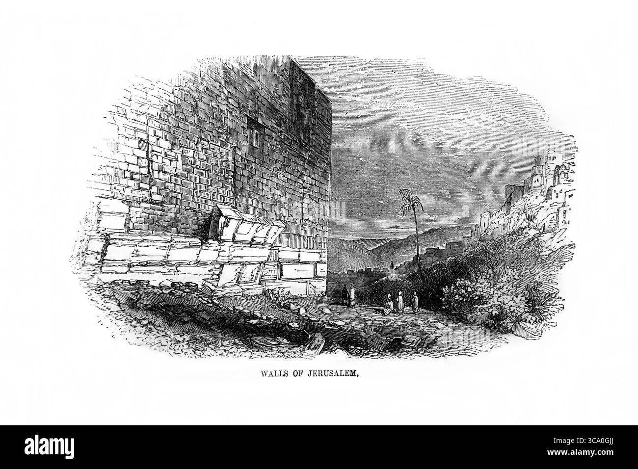 Illustrazione delle mura di Gerusalemme l'antica fortificazione difensiva dell'Antico XIX secolo la Sacra Bibbia contenente il Vecchio e il nuovo Testame Foto Stock