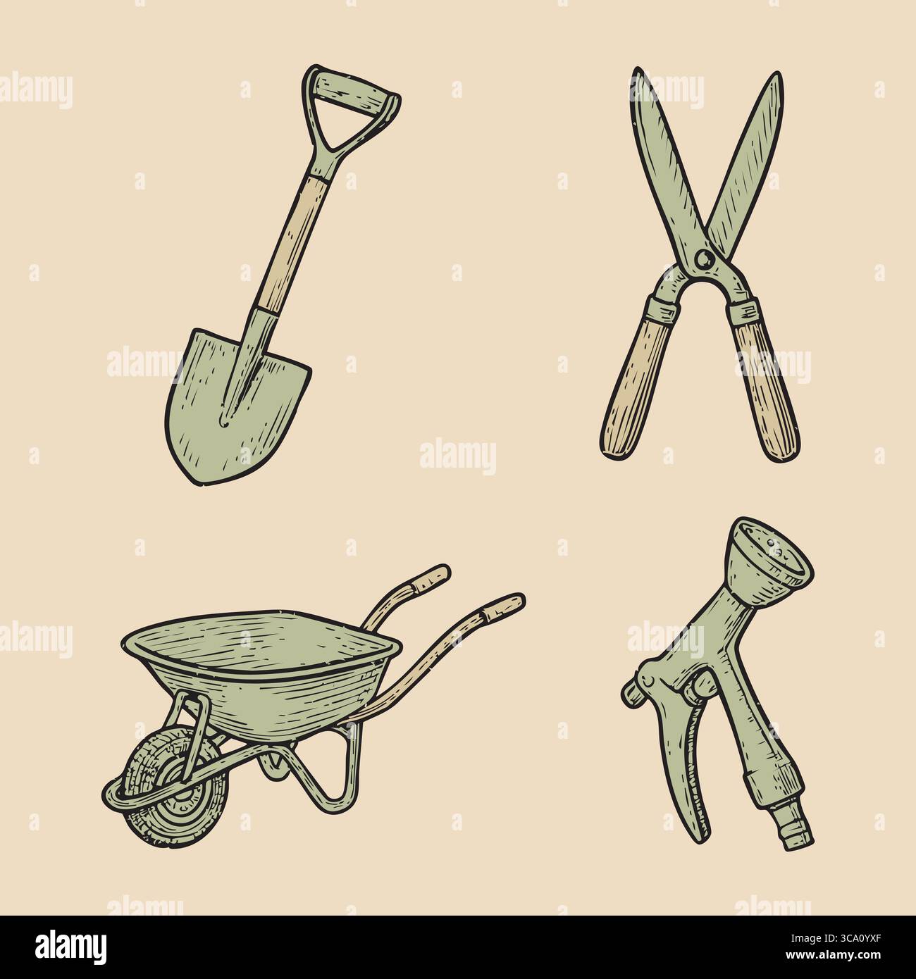Un set di quattro attrezzi da giardinaggio rustici: Una pala, cesoie per siepi, carriola e scavatrice per fori per palo manuale. Illustrazione Vettoriale