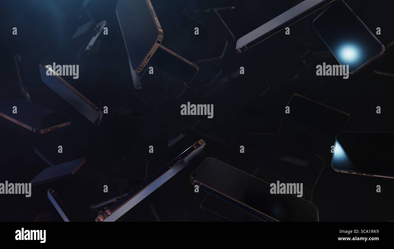 Falling Phone in Night, illustrazione 3D di sfondo per film scientifici e cinematografici nella scena smartphone. Ottimo sfondo anche per scene e titoli, log Foto Stock