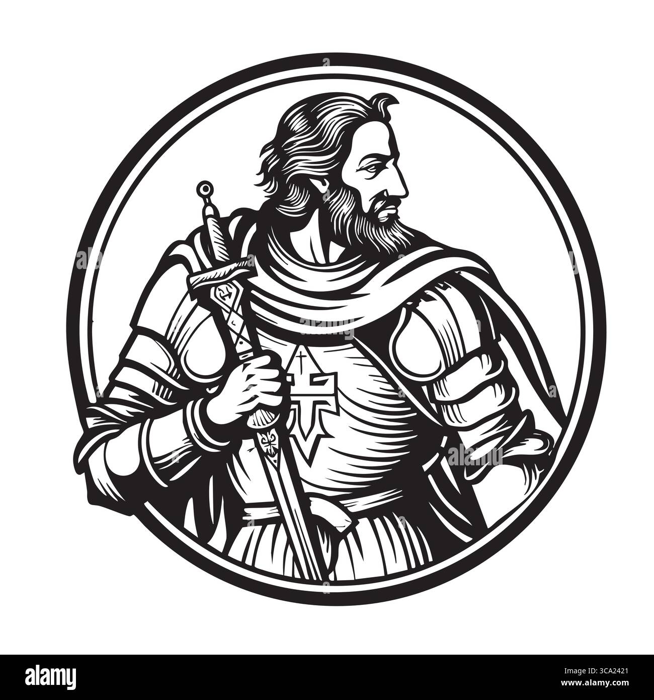 Cavaliere in armatura . Illustrazione vettoriale simbolo araldica medievale Illustrazione Vettoriale