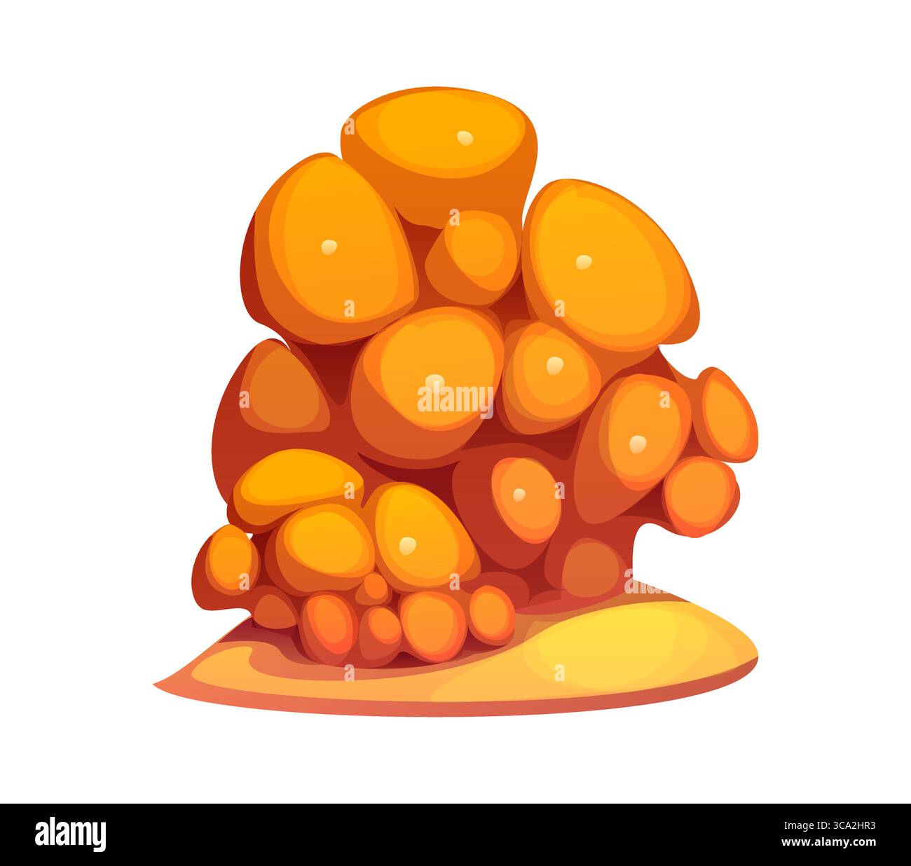 Cartoni animati alghe marine e barriera corallina sottomarina. struttura vettoriale isolata arancione brillante con parti superiori arrotondate e lisce. Formazione di ambiente marino, un gruppo di spugne a tubo si trova su una base sabbiosa Illustrazione Vettoriale