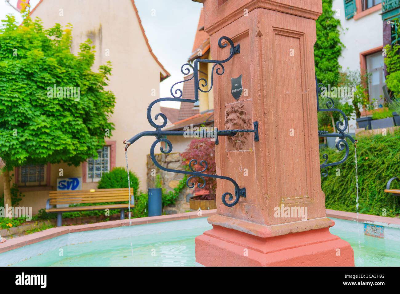 Zwingenberg, Germania - 8 giugno 2025: Veduta dettagliata di una fontana storica caratterizzata da lavori in metallo ornato, circondata dal verde e da un architetto tradizionale Foto Stock