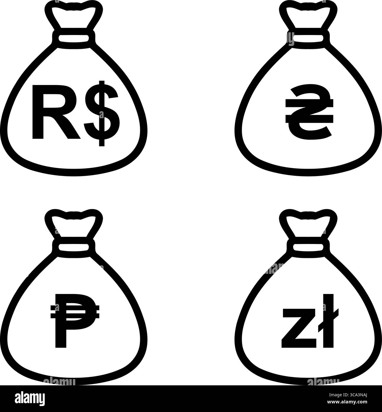 Borse con Real brasiliano, Hryvnia Ucraina, peso filippino e icone Zloty polacche Illustrazione Vettoriale