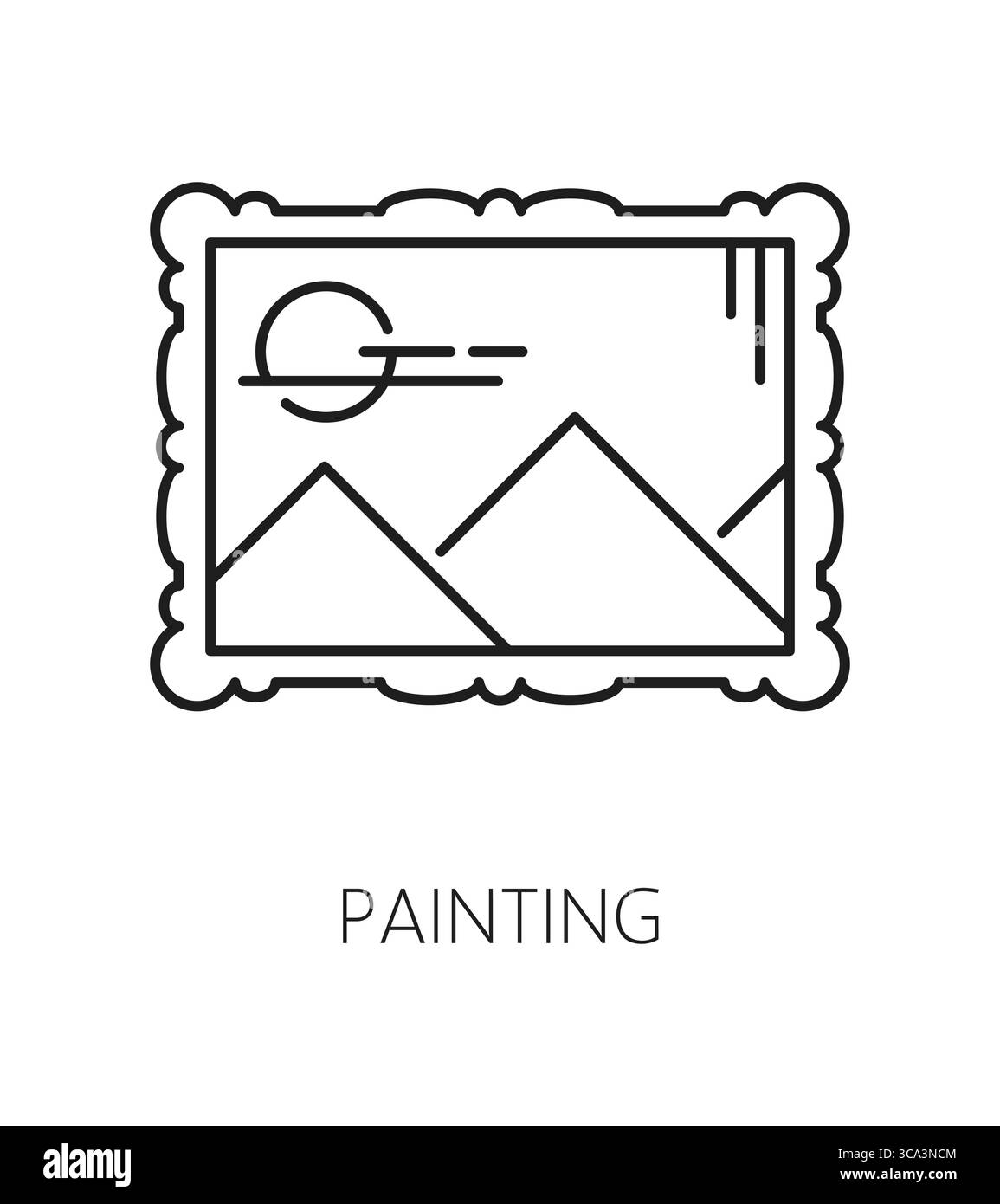Icona o simbolo della linea espositiva del museo d'arte. Museo della pittura antica insegna vettoriale a linee sottili, simbolo della lineart. Mostra un pittogramma o un'icona con la pittura del paesaggio di montagna nella cornice Illustrazione Vettoriale