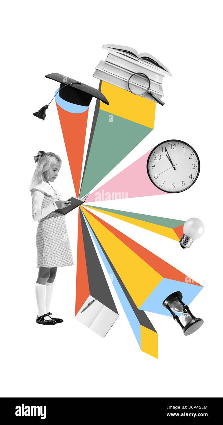 Collage creativo di una ragazza che legge con simboli educativi e raggi geometrici Foto Stock