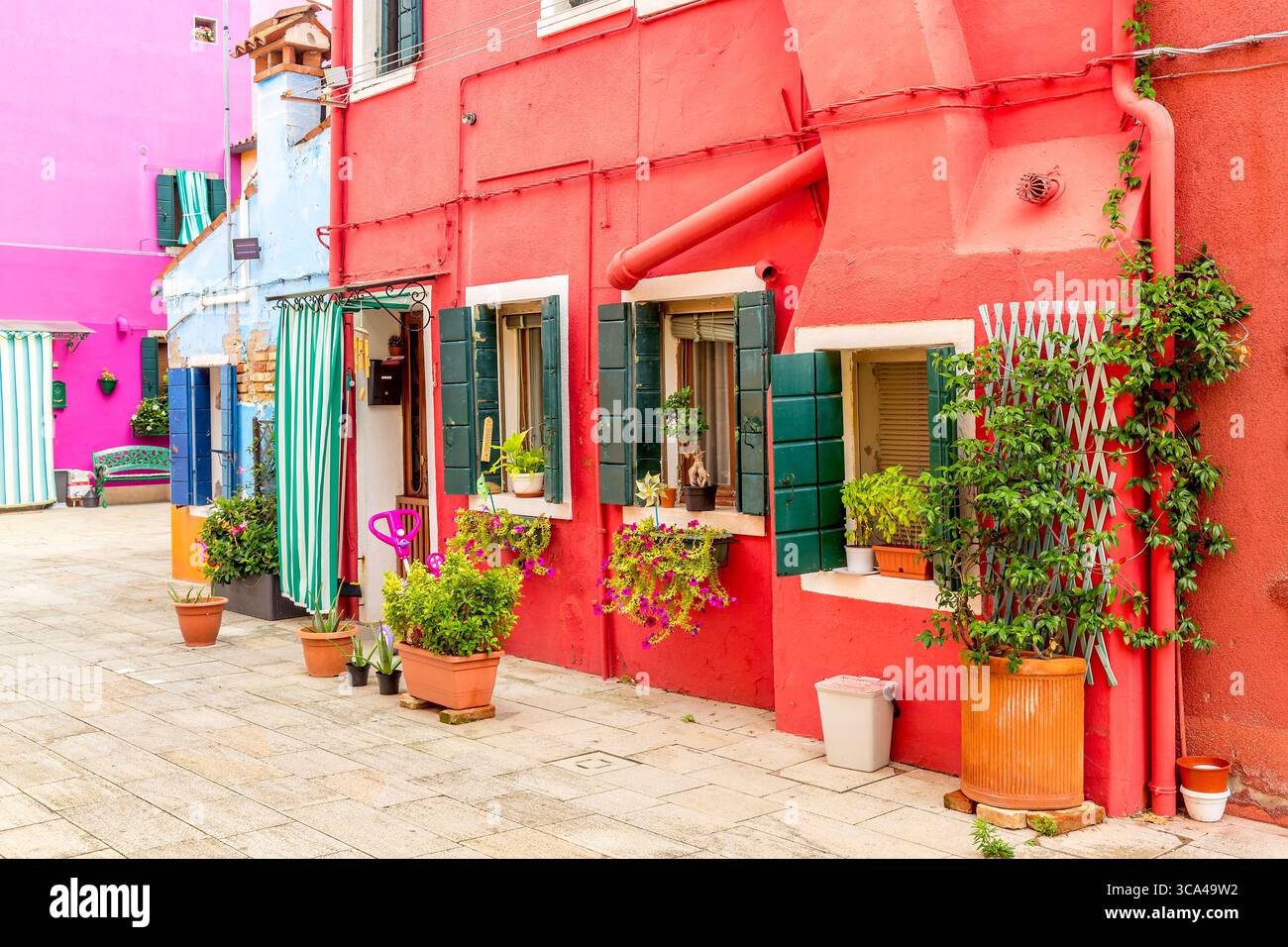Bella e colorata piccola casa rossa con piante nell'isola di Burano, vicino a Venezia, Italia. Foto Stock