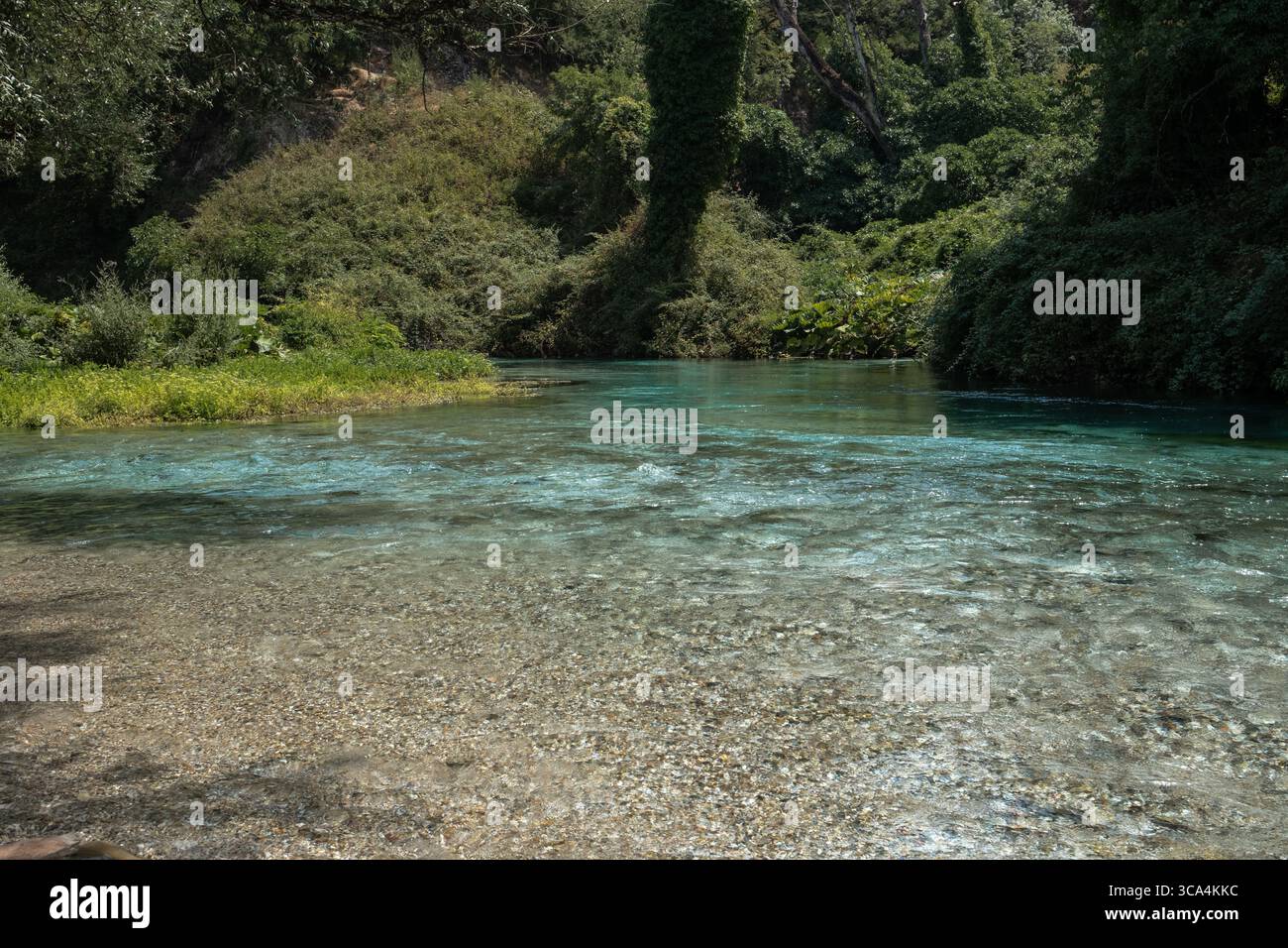 Una foto panoramica del paesaggio della sorgente Blue Eye (Syri i Kaltër) e della zona del lago circostante nel sud dell'Albania. Foto Stock