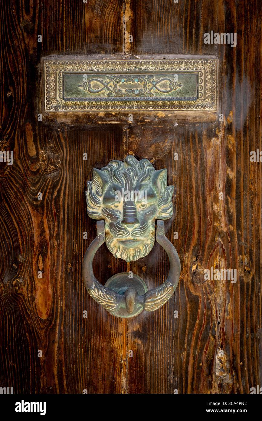 Porta in legno, colorata scura, con porta a testa di leone che bussa e una scatola per lettere decorativa. La Valletta, Malta. Foto Stock