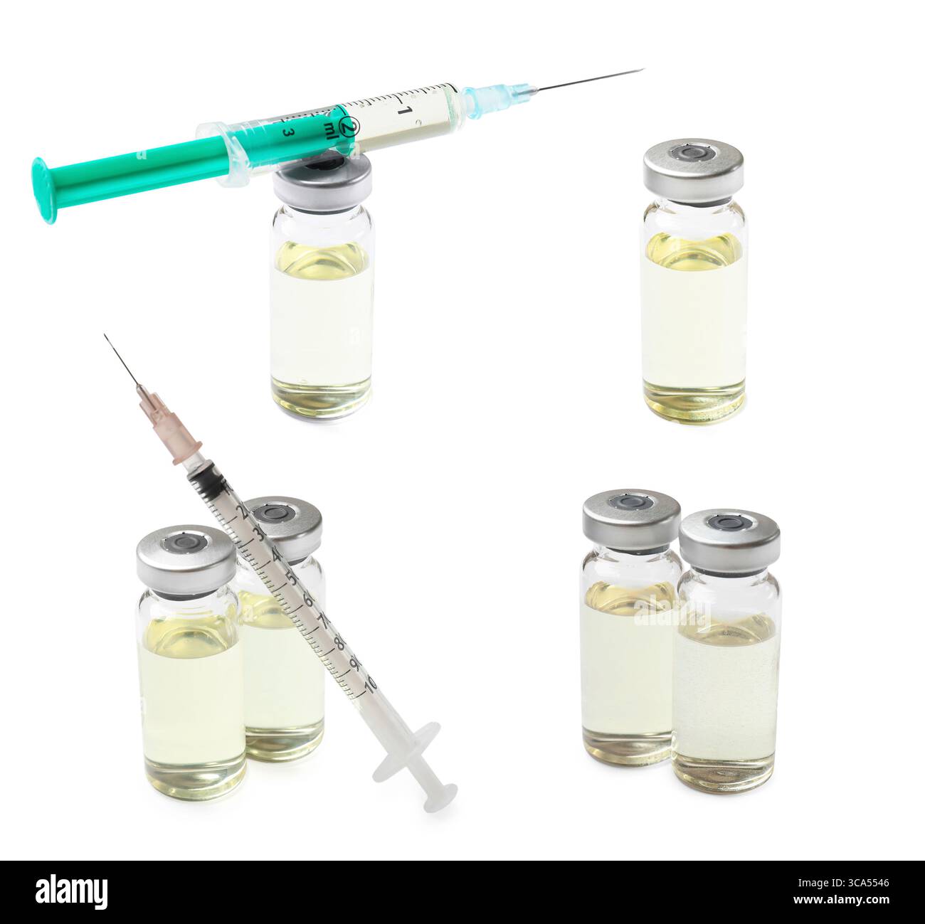 Vaccino in fiale e siringhe isolate su bianco, set Foto Stock