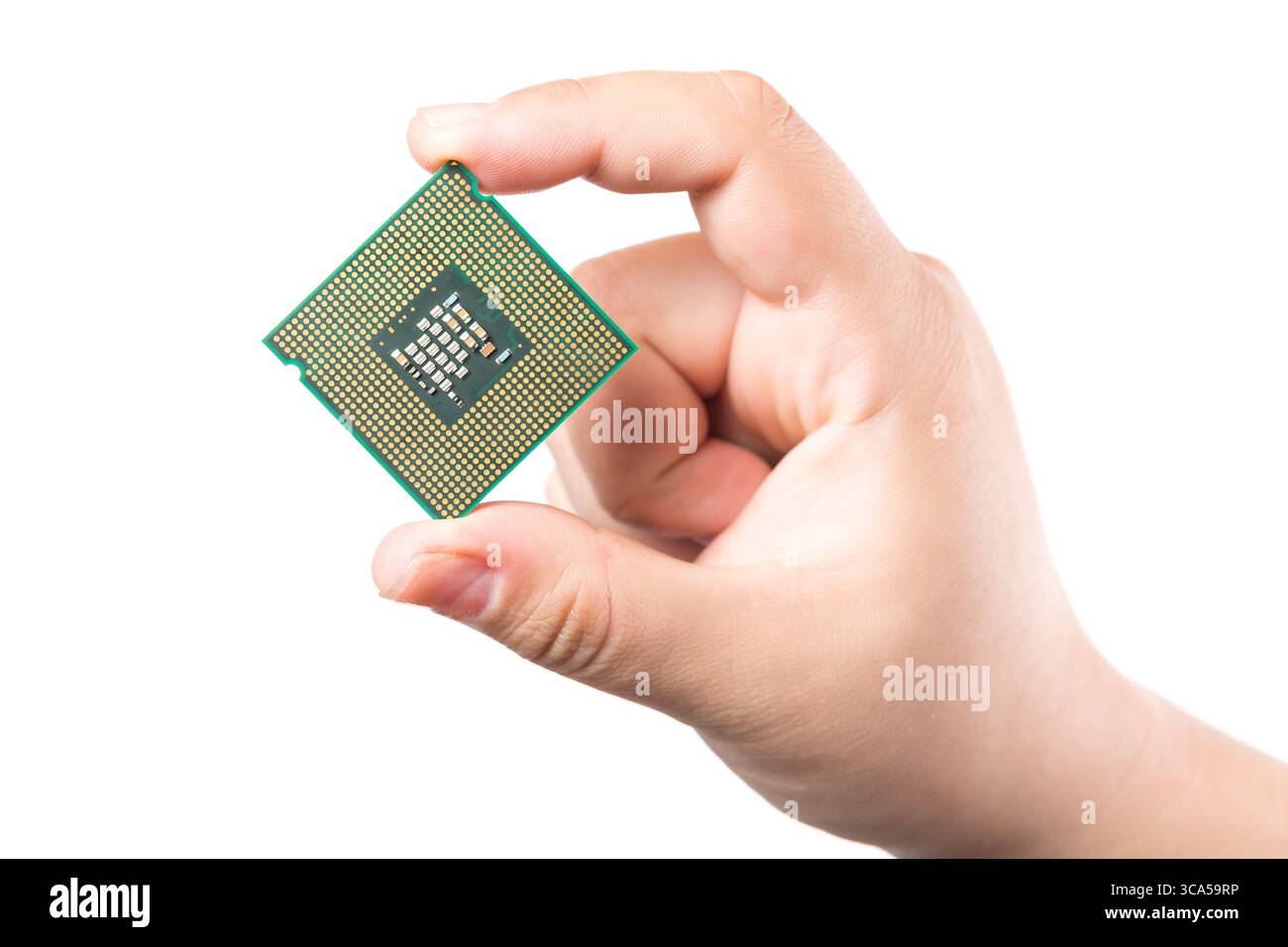 Processore per computer microchip CPU isolato su sfondo bianco. Foto Stock