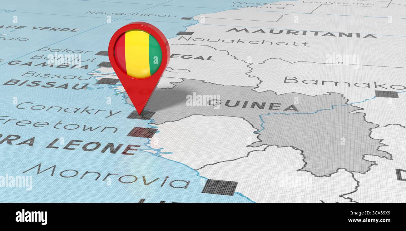 Guinea, Conakry - spilla con bandiera nazionale sulla mappa politica - illustrazione 3D. Foto Stock