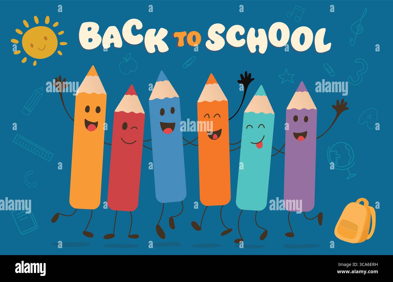 Banner di ritorno a scuola con felici matite di cartoni animati che celebrano l'apprendimento il primo giorno di scuola Illustrazione Vettoriale