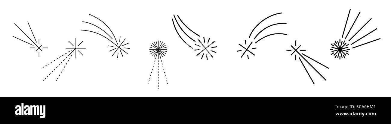 Icone di cometa e stelle dello sparatutto in stile Y2K retrò. Sentieri scintillanti, linee luminose e movimento magico. Figure geometriche minimali perfette per il cielo notturno Illustrazione Vettoriale