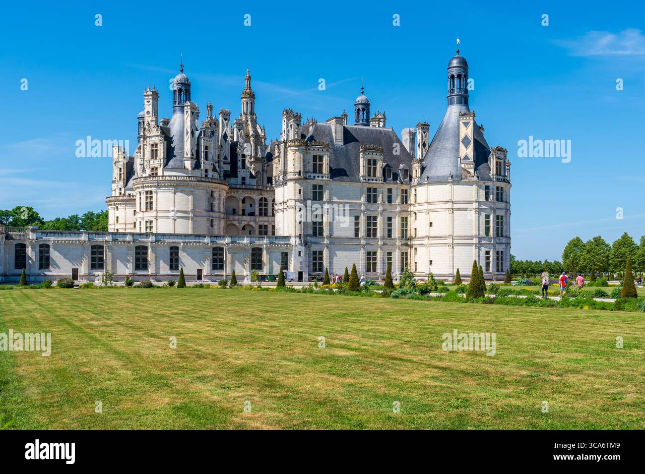 Facciata esterna del Castello di Chambord vista dal suo giardino Foto Stock
