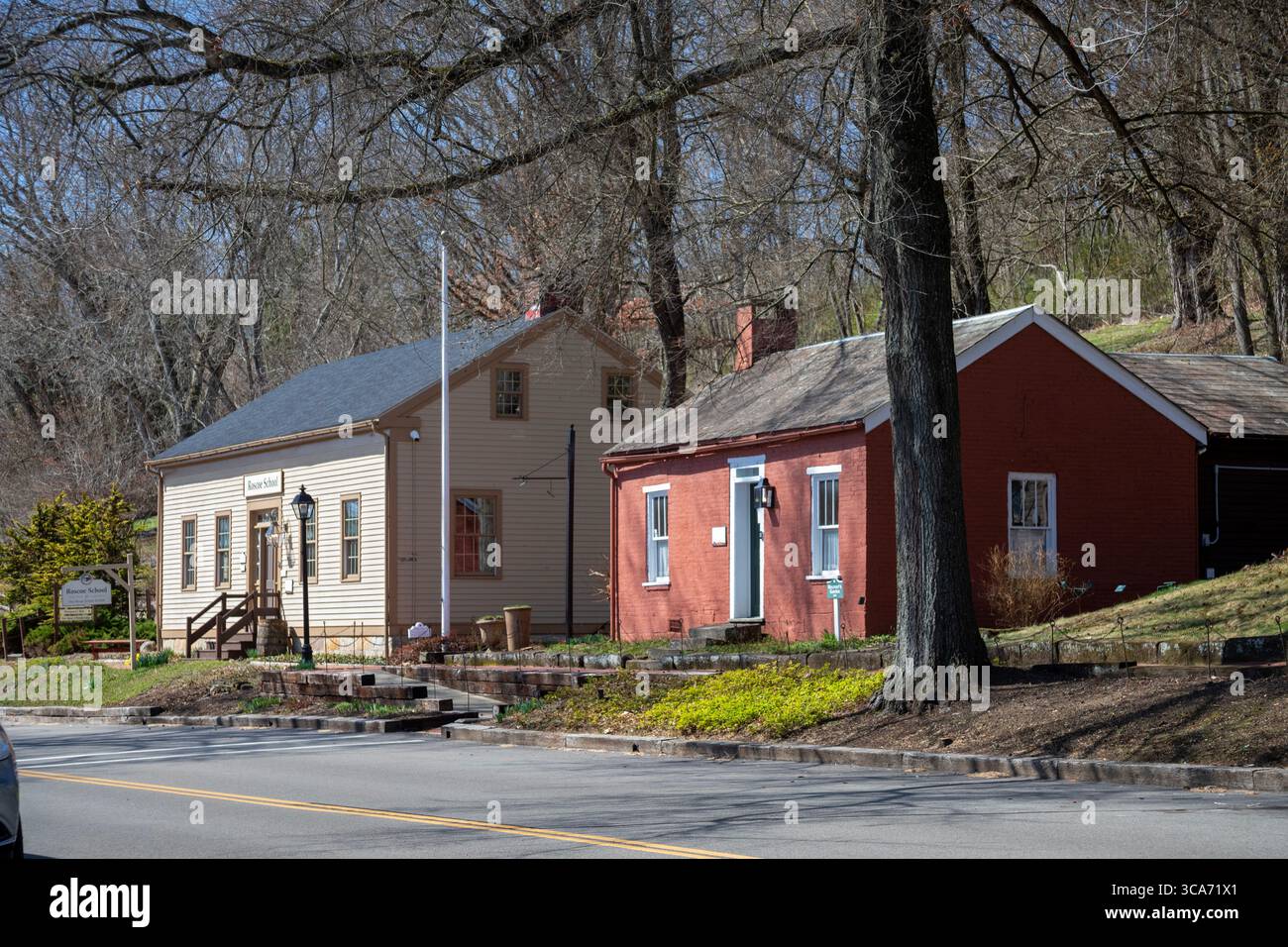 Coshocton, Ohio - storico villaggio di Roscoe, un porto lungo l'Ohio e il canale Erie che è stato restaurato e trasformato in un'attrazione turistica. Foto Stock