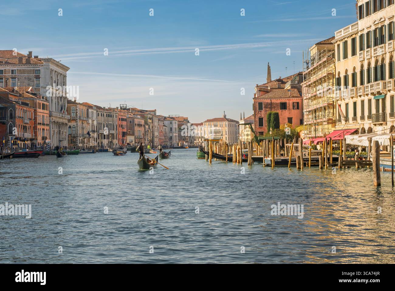 Venezia, Veneto, Italia. Le gondole galleggiano nel Canal grande tra i palazzi storici Foto Stock