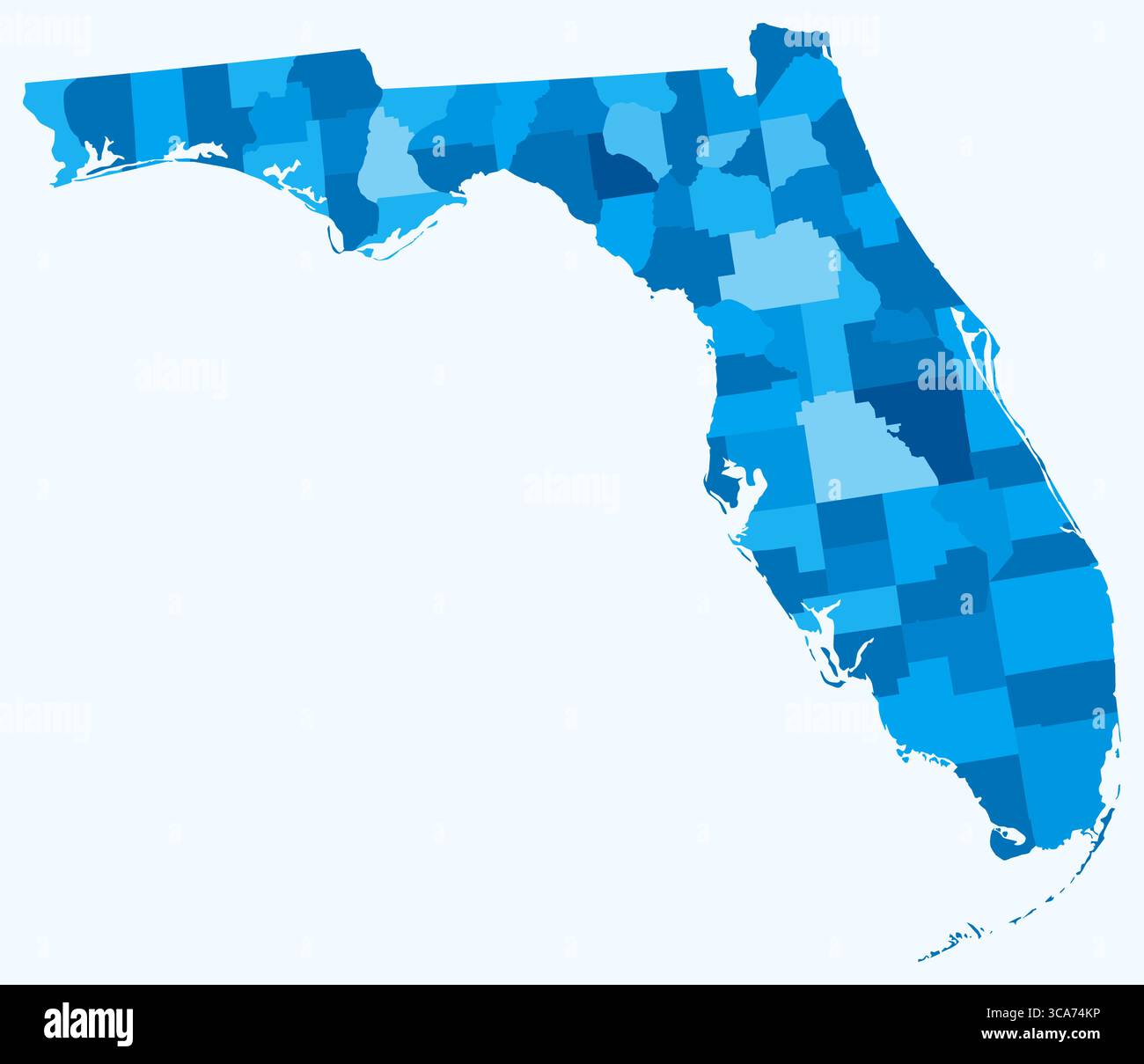 Mappa della Florida con le contee. Solo una semplice mappa del confine di stato con la divisione della contea. Tavolozza di colori azzurro. Illustrazione Vettoriale