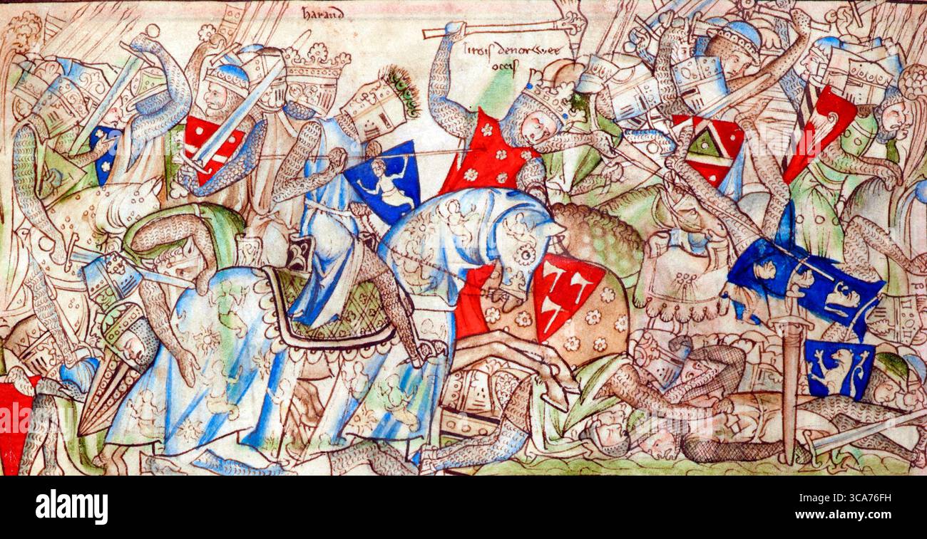 Harald Hardrada (Harald Sigurdsson, c. 1015-1066). Illustrazione che mostra re Harald di Norvegia nella battaglia di Stamford Bridge, dalla vita di re Edoardo il Confessore di Matthew Paris, XIII secolo. Harald morì a Stamford Bridge. Foto Stock
