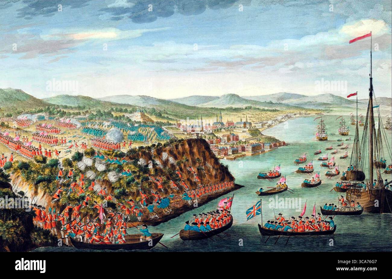 La guerra franco-indiana 1754-1763. Incisione che mostra la presa di Quebec nelle pianure di Abraham durante l'assedio di Quebec nel 1759 Foto Stock