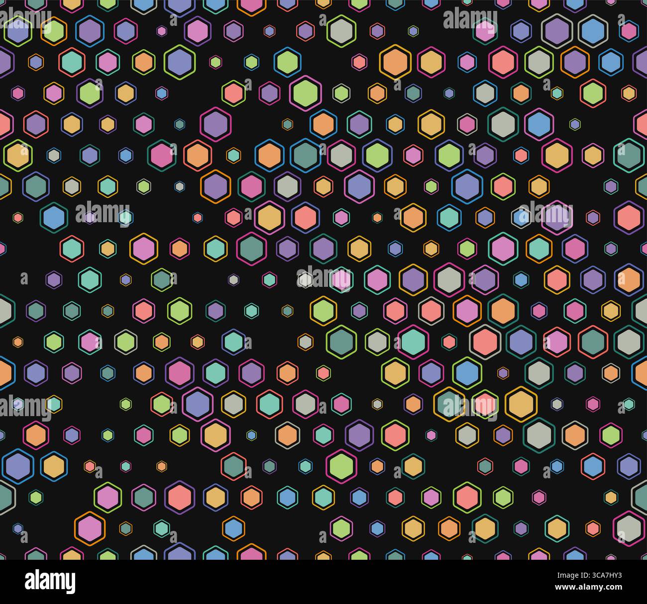 Sfondo esagonale ribaltabile. Elementi geometrici multicolori di varie dimensioni. Audaci esagoni arrotondati motivo a mosaico con celle piene interne. Illustrazione Vettoriale