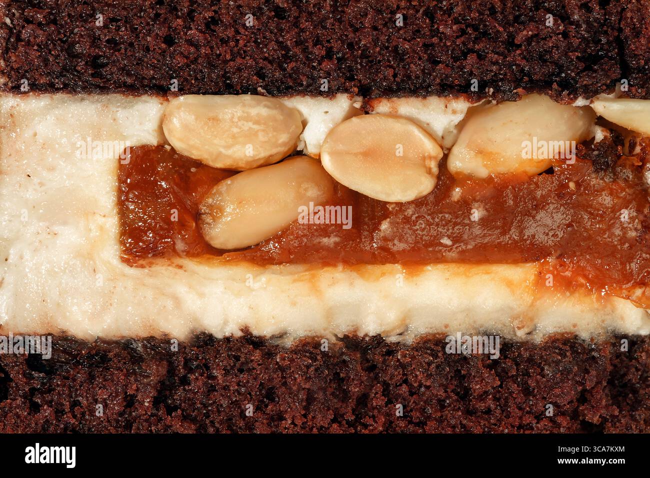 Concediti una torta bento con una lussuosa spugna di cioccolato a strati di caramello liscio e ornata con noci croccanti, creando un'atmosfera accattivante Foto Stock