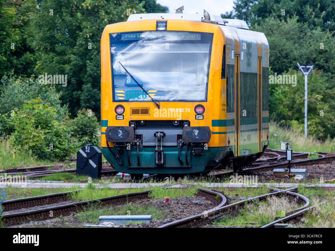 Karow, Germania. 4 agosto 2025. Un'unità di trazione ODEG passa i carri merci parcheggiati nella stazione. L'ex nodo ferroviario è ora servito solo da una diramazione della Ostdeutsche Eisenbahn-Gesellschaft (ODEG). Crediti: Jens Büttner/dpa/Alamy Live News Foto Stock
