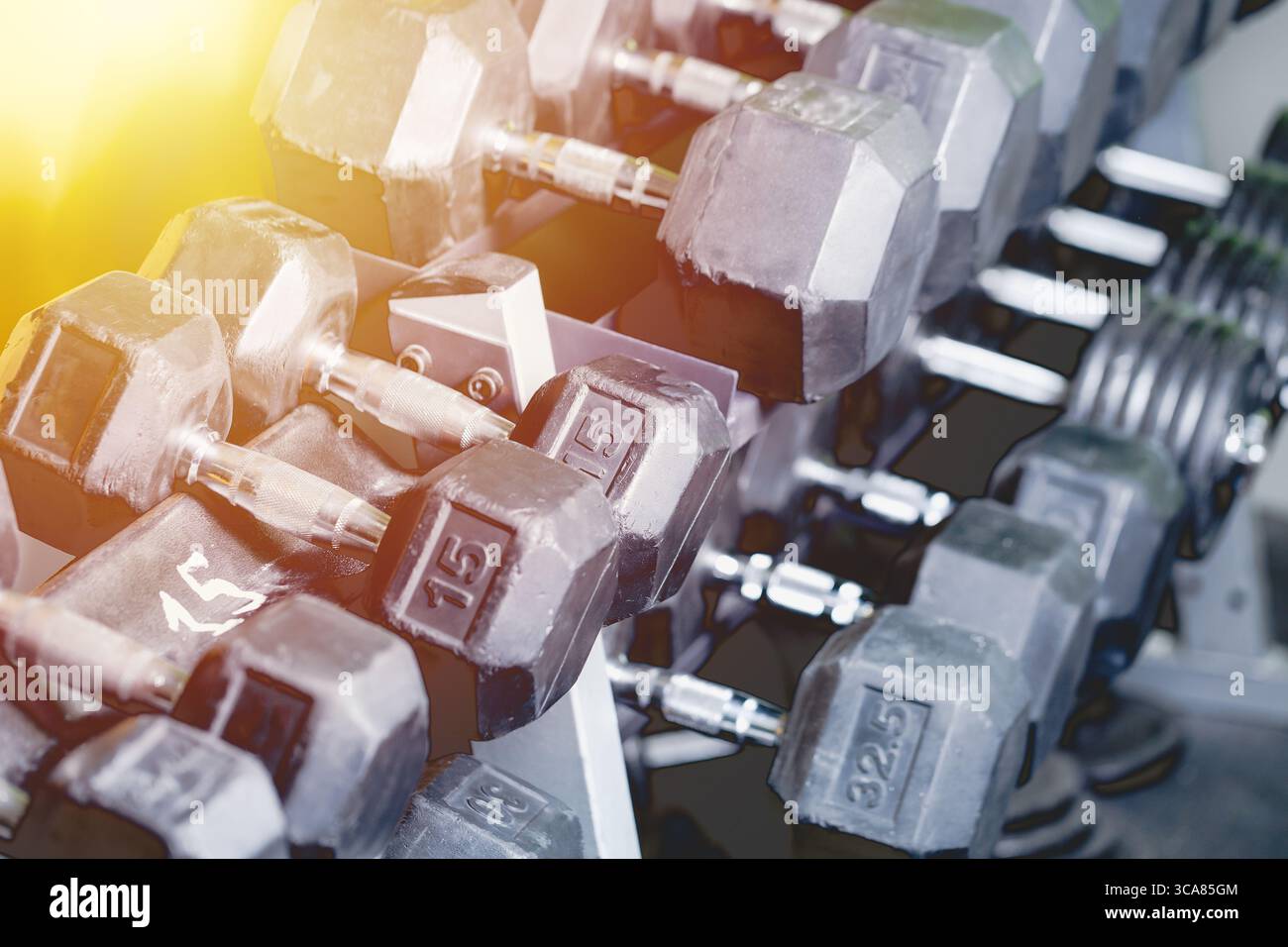 Concetto di sport fitness. Set di manubri neri. Avvicinati a molti manubri in metallo sul rack nel centro fitness sportivo. Immagine a colori con messa a fuoco selettiva. Foto Stock