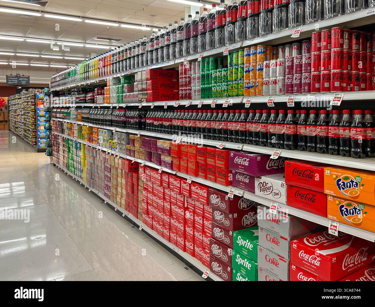 Varietà di lattine, bottiglie e scatole per bevande analcoliche sugli scaffali per la vendita in un supermercato. Utah, Stati Uniti. Foto Stock