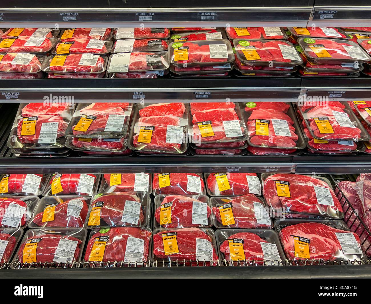 Carni bovine crude confezionate sugli scaffali per la vendita in un supermercato. Utah, Stati Uniti. Foto Stock