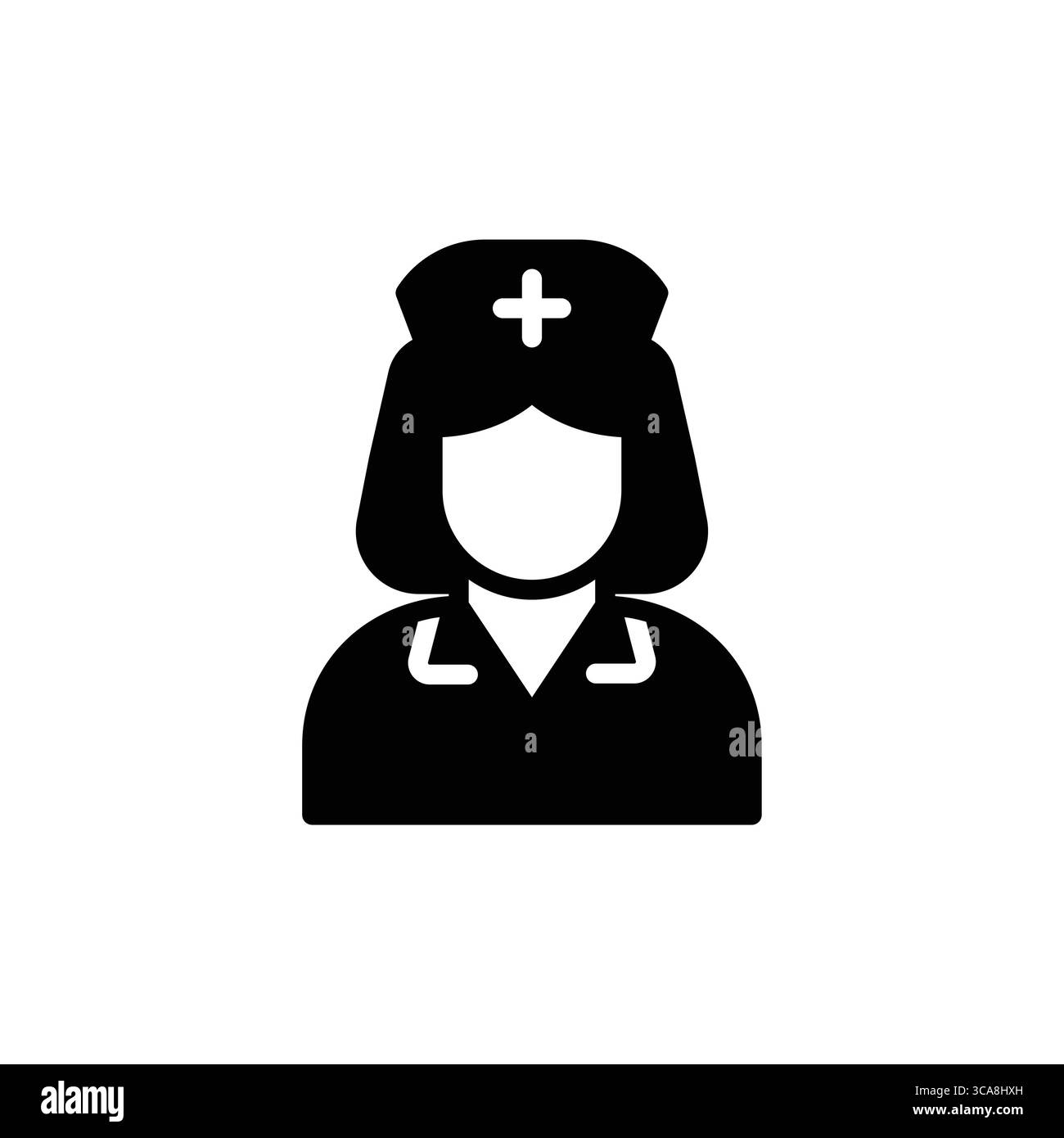 Questa icona in bianco e nero presenta un'infermiera che indossa un cappello con una croce medica, che rappresenta la professione sanitaria e la compassione nella settina medica Illustrazione Vettoriale