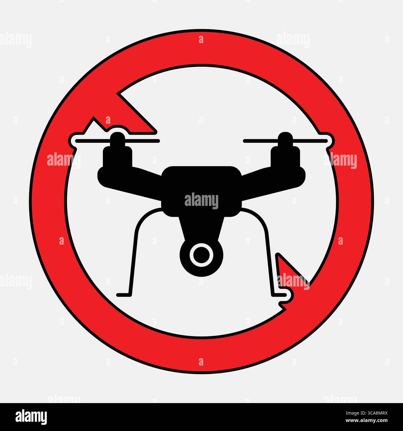 Rappresentazione visiva di un segnale di zona senza droni con un'icona nera di droni all'interno di un cerchio rosso, che sottolinea la sicurezza e la regolamentazione nelle aree ristrette. Illustrazione Vettoriale