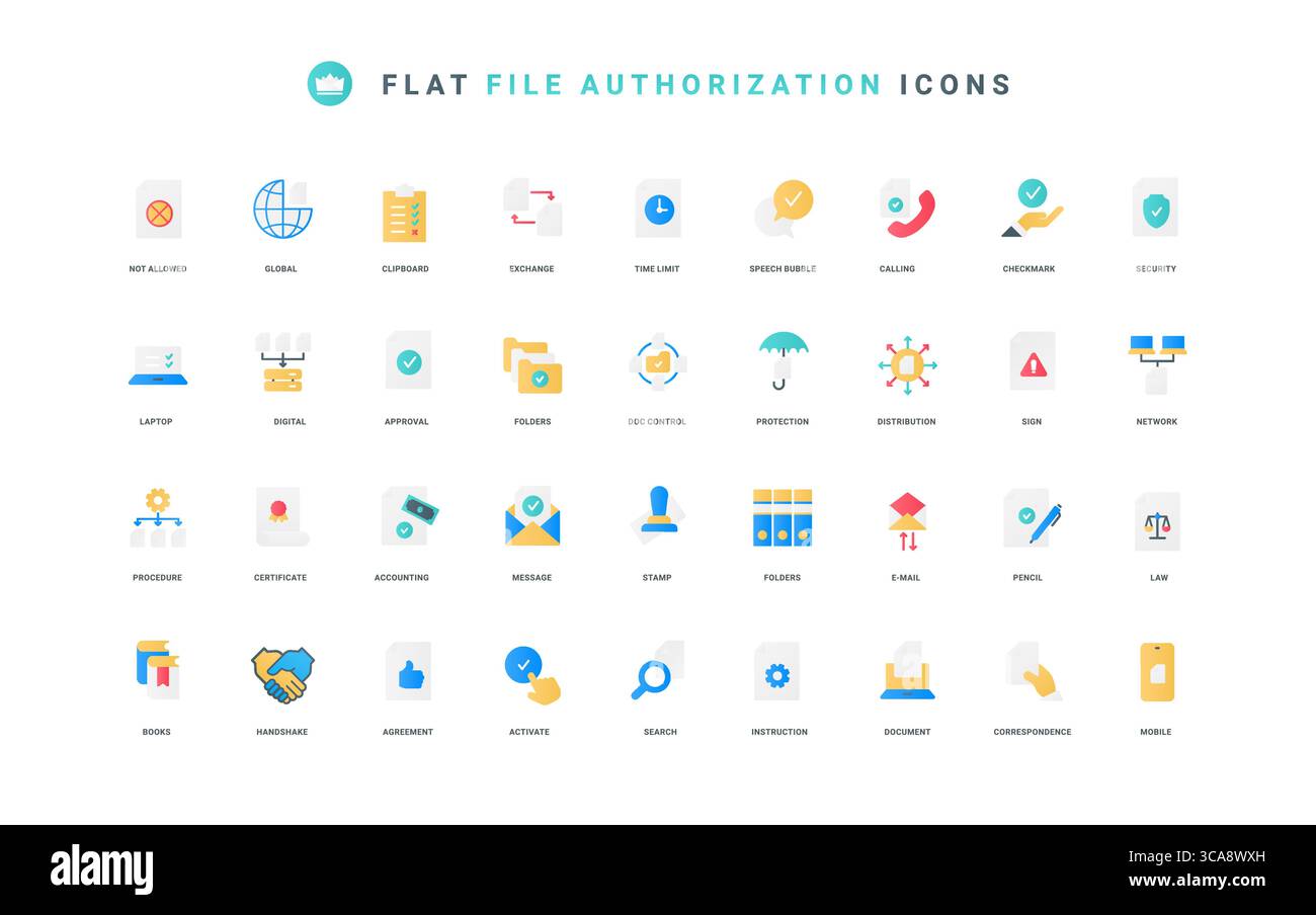 Regole e timbro, istruzioni per la ricerca, la condivisione e l'approvazione di simboli sottili illustrazioni vettoriali. Autorizzazione e verifica, approvazione di file digitali e set di icone piatte per documenti Illustrazione Vettoriale