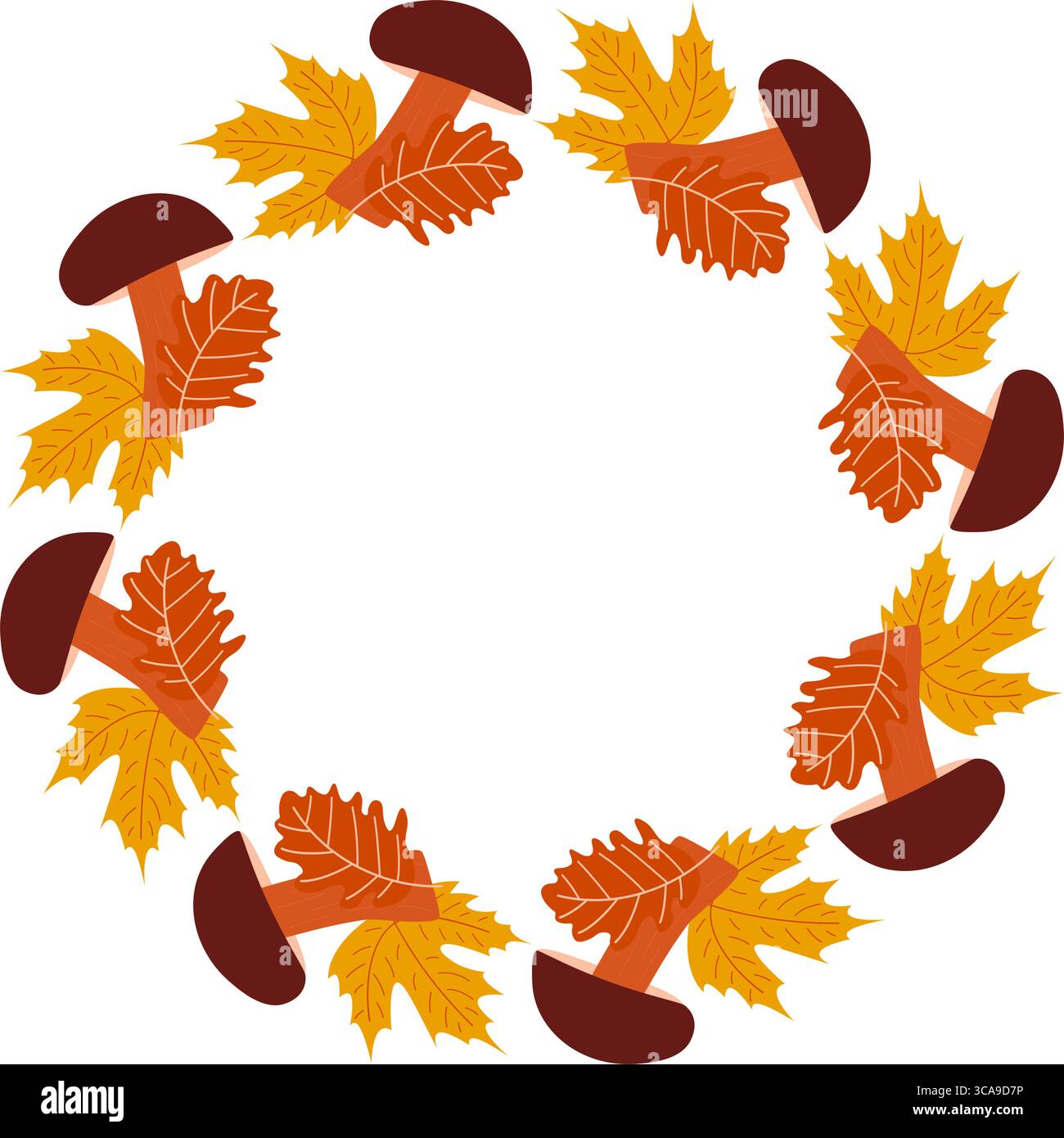 Boletus di funghi autunnali e corona di foglie di acero e quercia. Modello cornice circolare per biglietti d'auguri o stampe. Illustrazione piatta e accogliente. Illustrazione Vettoriale