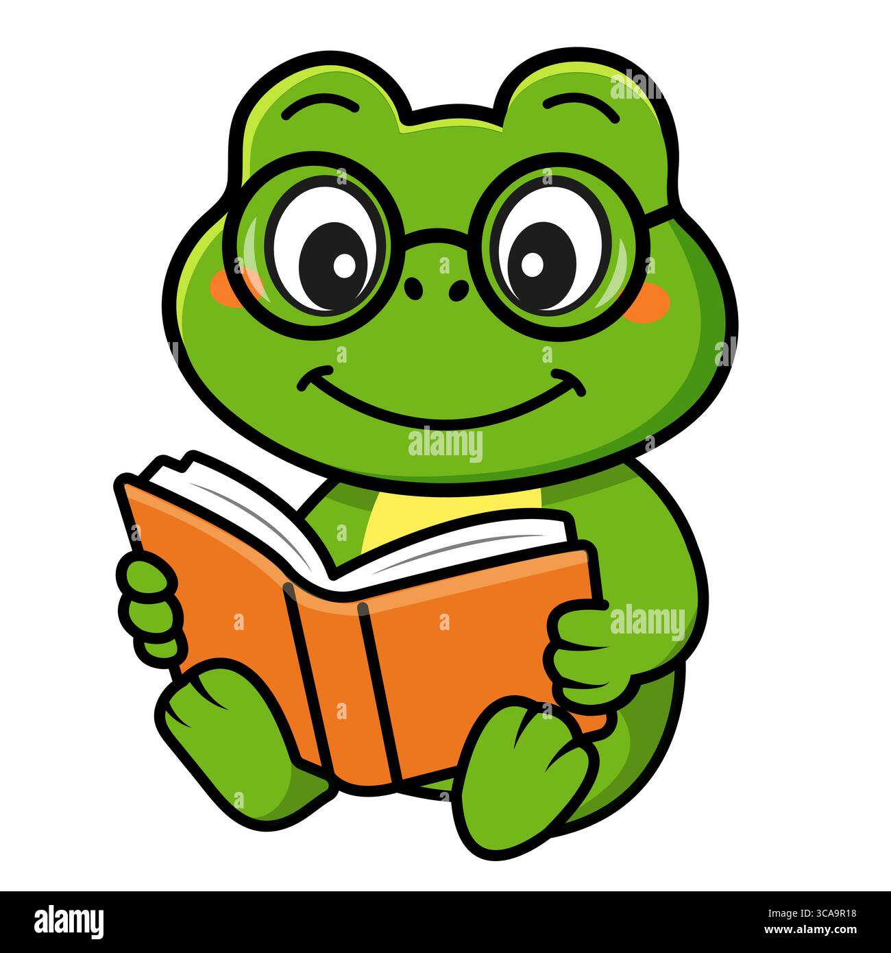 Simpatica rana cartoni animati con occhiali che leggono un libro. Perfetto per progetti Back to School, formazione per bambini, poster in classe e materiali didattici. Illustrazione vettoriale luminosa e divertente Illustrazione Vettoriale