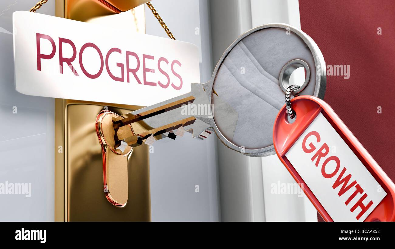 La crescita porta al progresso: È la chiave per sbloccare il progresso. Una metafora della chiave della porta che mostra come la crescita sia una chiave per accedere al progresso. E' un elemento necessario Foto Stock
