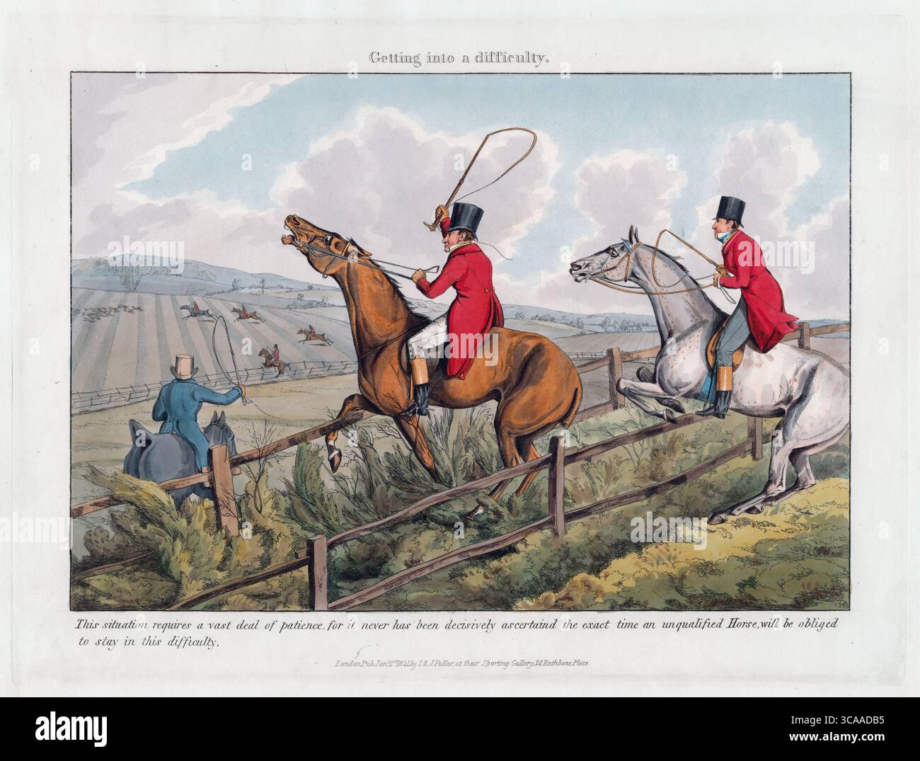 Una stampa colorata di Fox Hunting alcuni fanno e alcuni non lo fanno, è tutto un concetto, entrare in difficoltà da Henry Thomas Alken in prospettiva storica 1820 vita di campagna inglese acquerello arte artistica Foto Stock