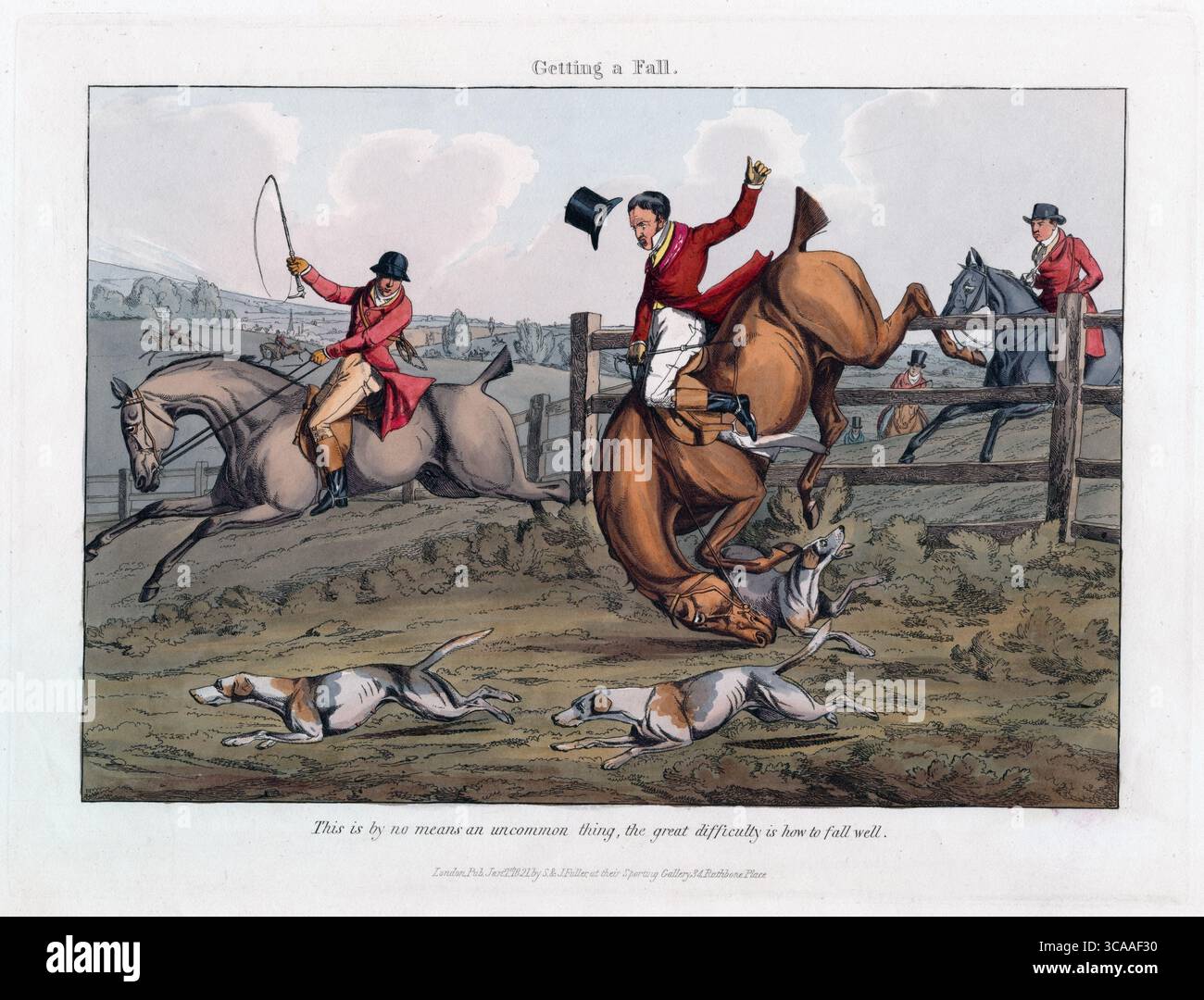 Una stampa colorata di Fox Hunting alcuni fanno e alcuni non lo fanno, è tutta una nozione, ottenere una caduta di Henry Thomas Alken nel 1820 prospettiva storica vita di campagna inglese opere d'arte ad acquerello Foto Stock