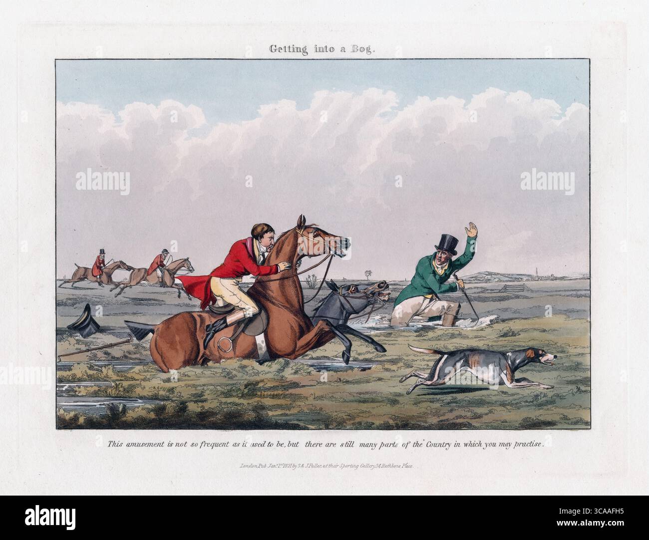 Una stampa colorata di Fox Hunting alcuni fanno e alcuni non lo fanno, è tutto un concetto, entrare in una palude di Henry Thomas Alken in una prospettiva storica 1820 vita di campagna inglese acquerello arte artistica Foto Stock