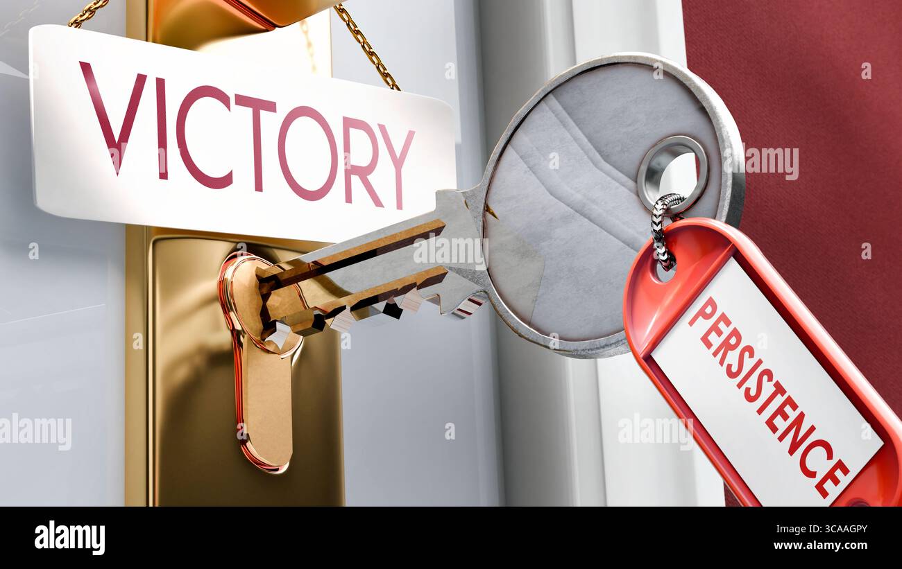 La perseveranza porta alla vittoria: È la chiave per sbloccare la vittoria. Una metafora della chiave della porta che mostra come la persistenza sia la chiave per accedere alla vittoria. E' necessario Foto Stock