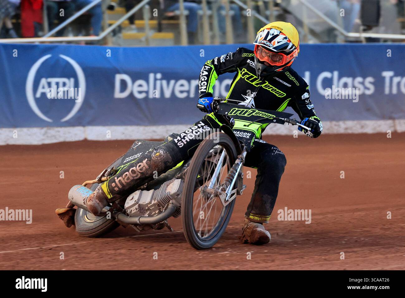 Jason Edwards (#7) (Reserve - Rising Star) di Ipswich Tru7Group Witches durante il Rowe Motor Oil Premiership match tra Belle Vue Aces e Ipswich Witches al National Speedway Stadium di Manchester lunedì 4 agosto 2025. (Foto: Eddie Garvey | mi News) crediti: MI News & Sport /Alamy Live News Foto Stock