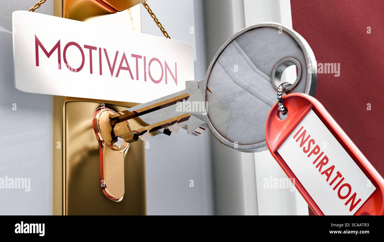 L'ispirazione porta alla motivazione: È la chiave per sbloccare la motivazione. Una metafora della chiave della porta Foto Stock